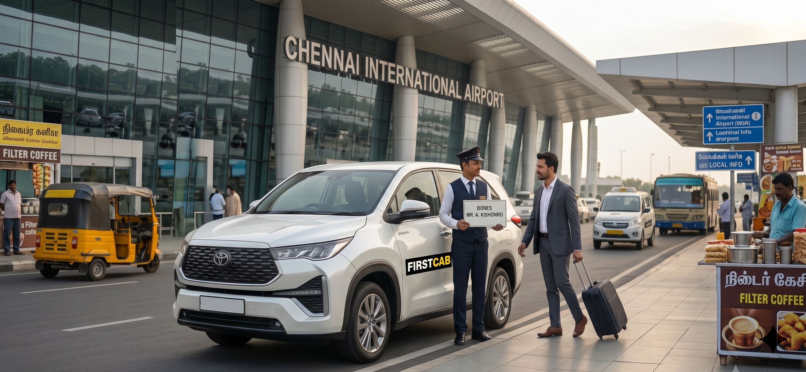 Airport pickup — FIRST CAB driver with signboard at Chennai International Airport